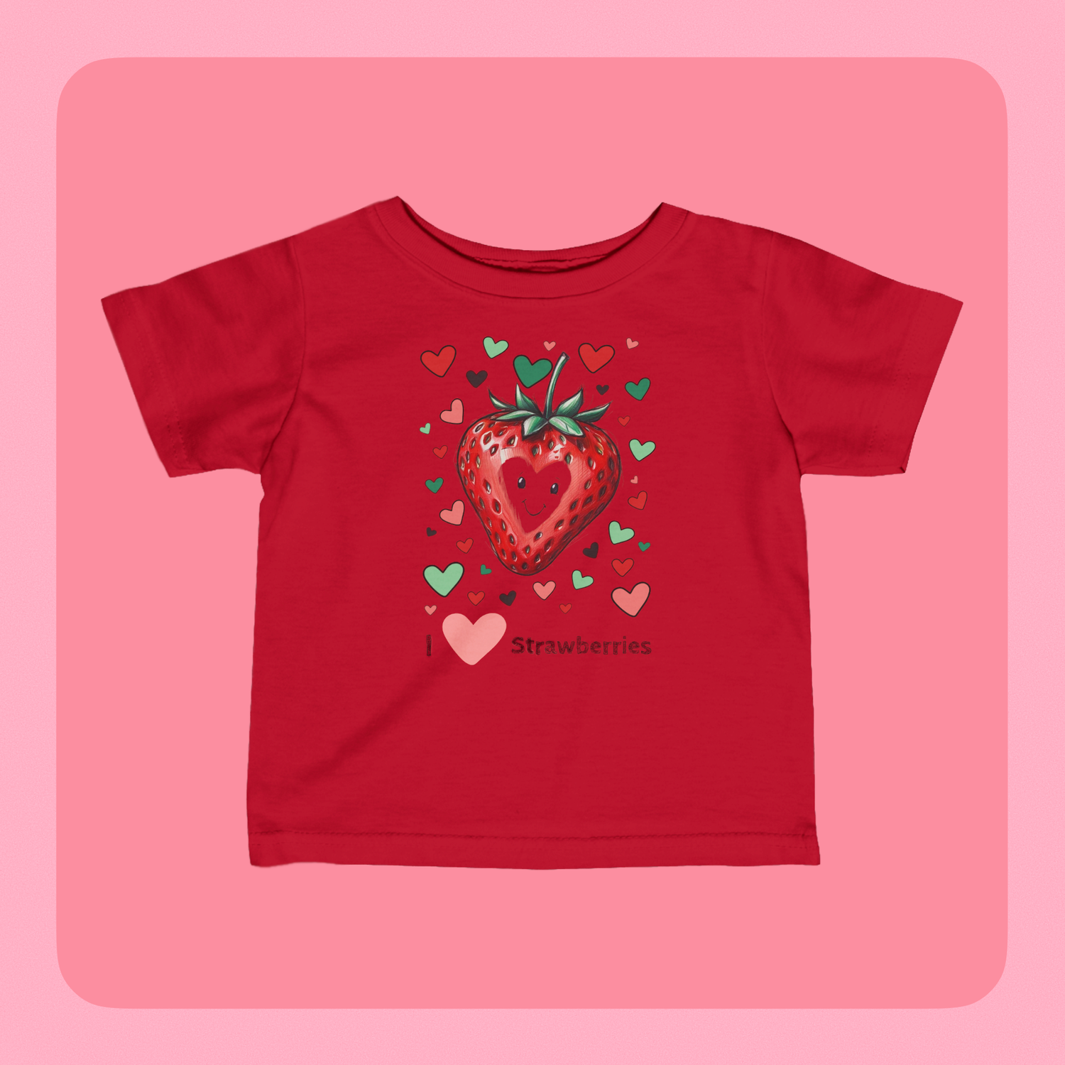 A flat image of a red T-shirt with design featuring'  a smiling strawberry surrounded by multi coloured hearts, with "I Heart strawberries" written beneath. from the brand `love, aya'.
