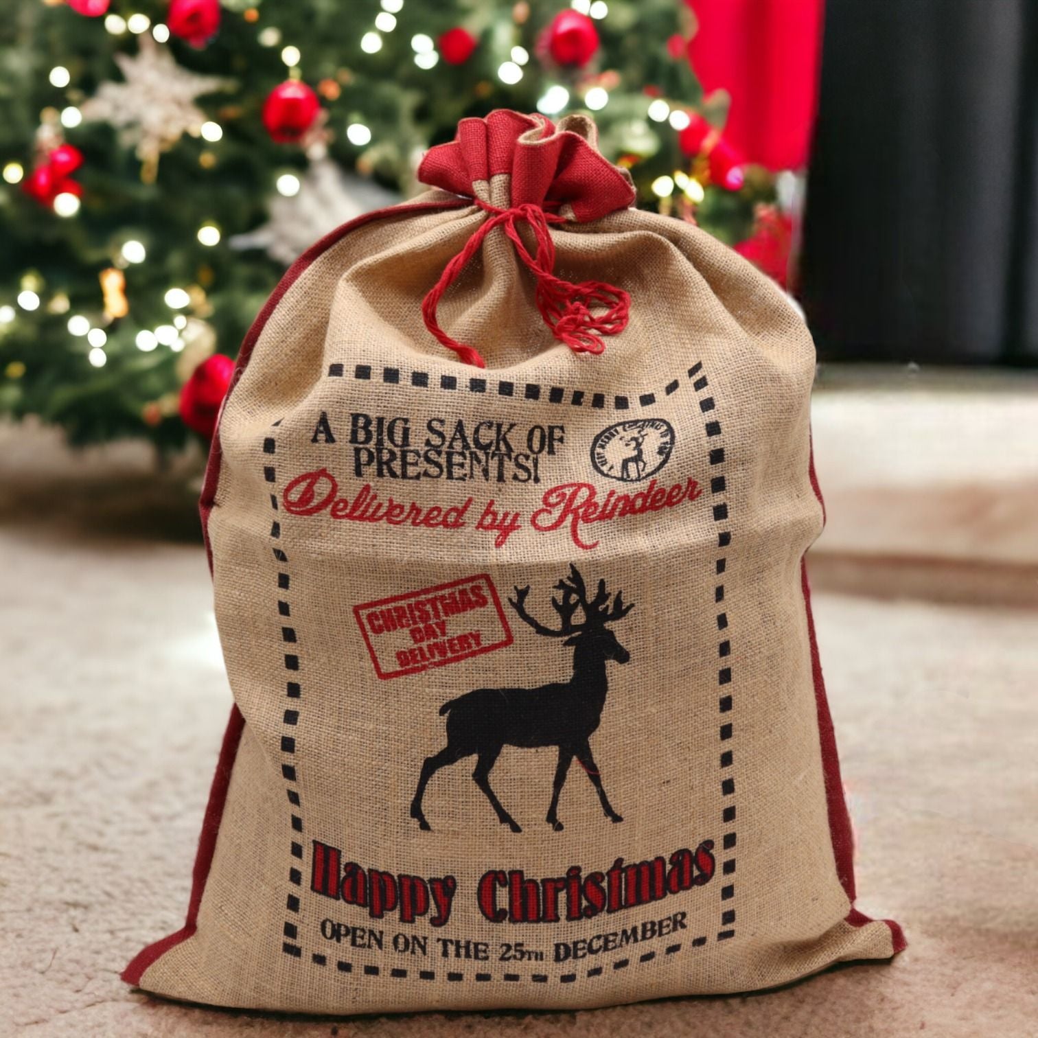 Delivered By Reindeer - Jute Santa Sack