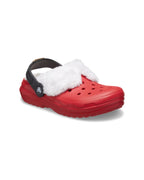 Front angled view of the Kids Classic Lined Santa Clog, highlighting the red Croslite™ base and soft white lining.