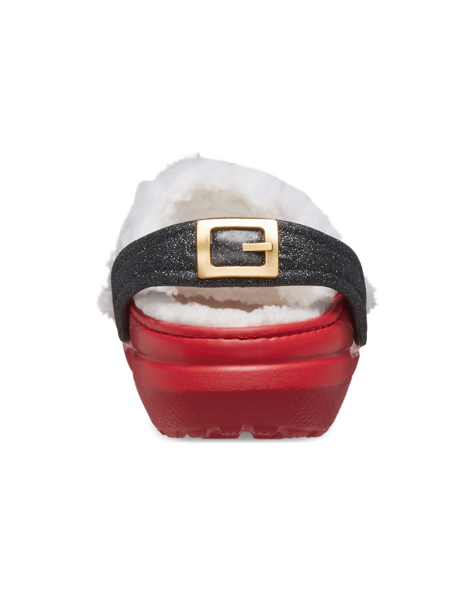 Rear view of the Kids Classic Lined Santa Clog by Crocs, showing the red sole, white fleece lining, and black glitter heel strap with gold buckle.