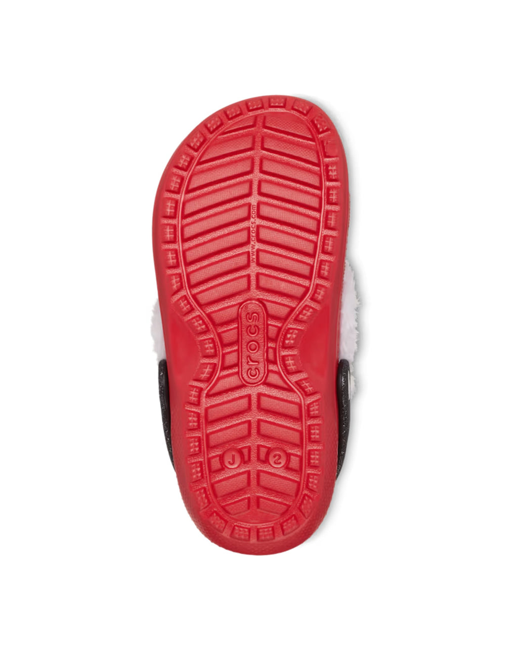 Outsole (bottom) view of the Kids Classic Lined Santa Clog, displaying the red tread pattern and Crocs branding.
