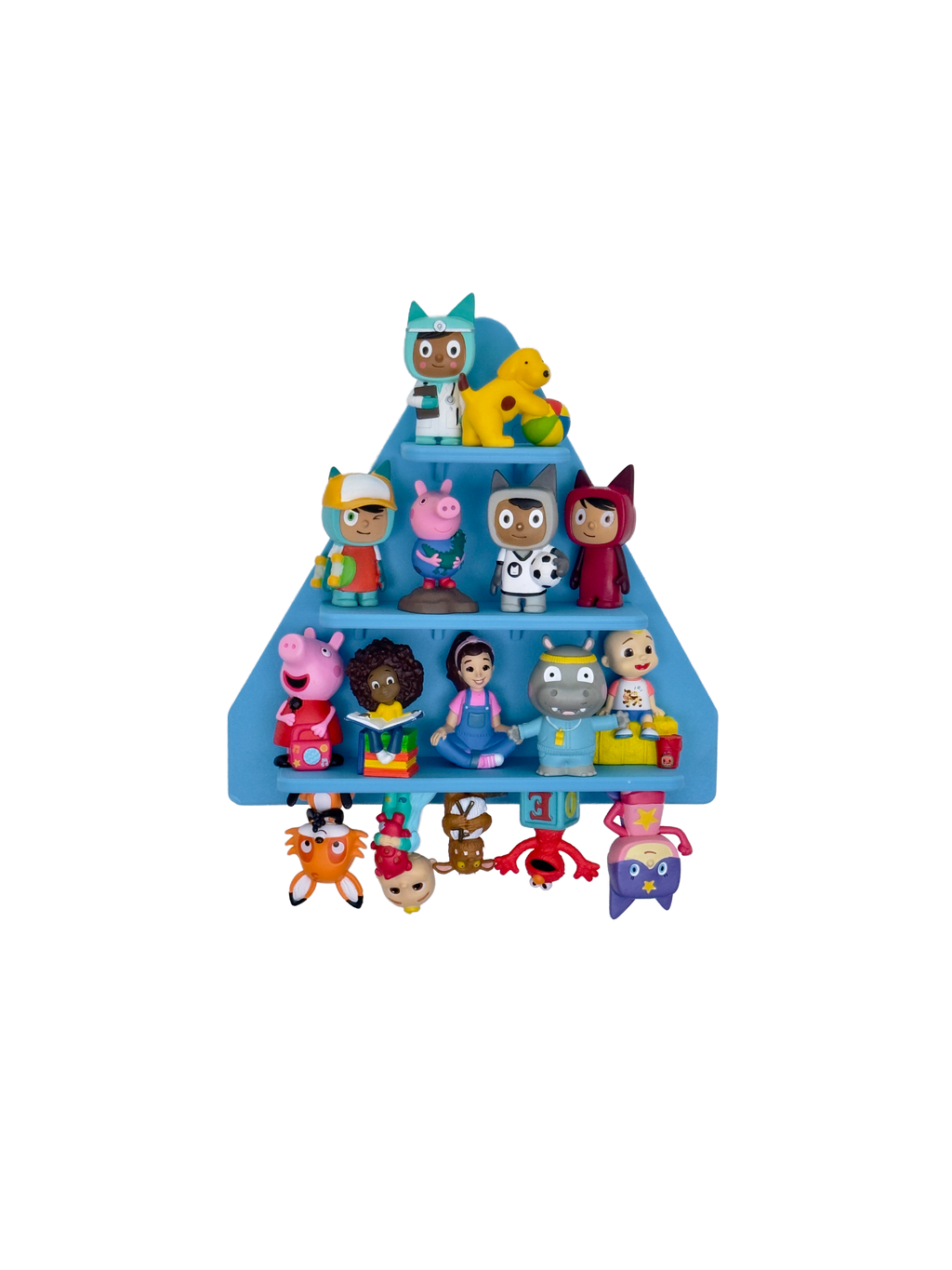 Collection of colorful toy figures on a blue display stand against a white background