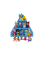 Collection of colorful toy figures on a blue display stand against a white background