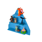 Set of colorful animal figurines on a blue shelf against a white background