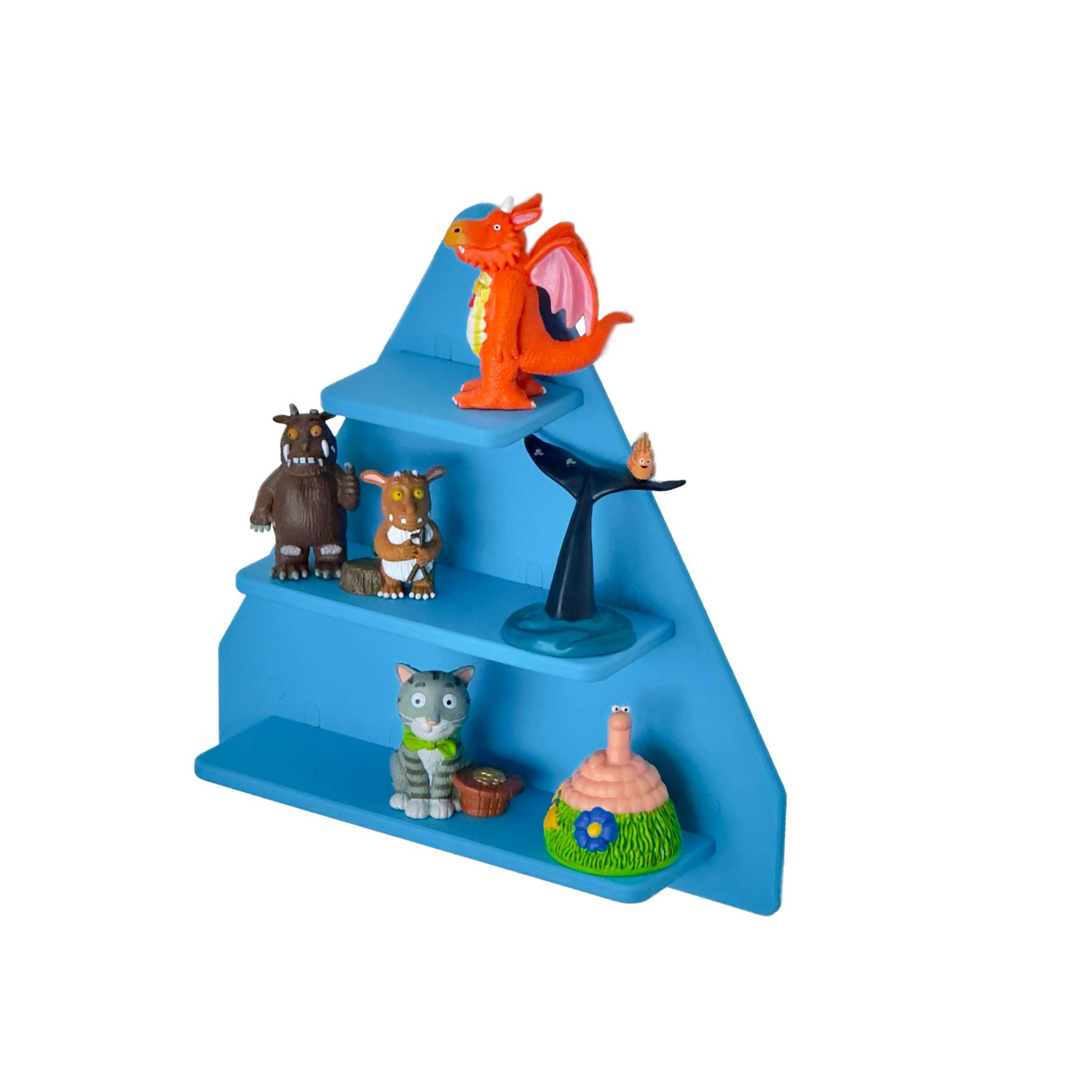 Set of colorful animal figurines on a blue shelf against a white background