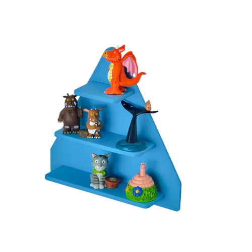 Set of colorful animal figurines on a blue shelf against a white background