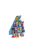 Set of colorful toy figures on a blue shelf against a white background
