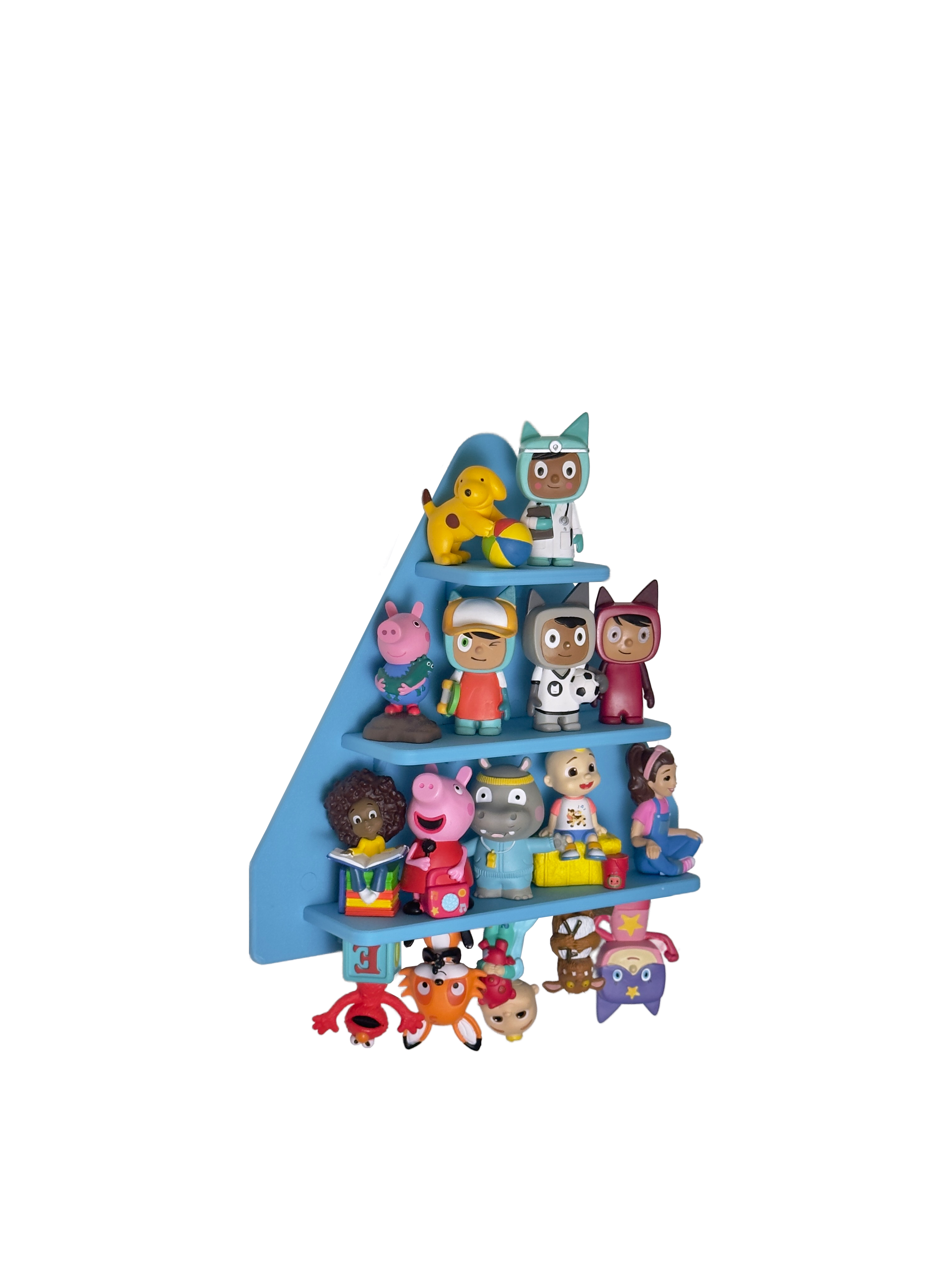 Set of colorful toy figures on a blue shelf against a white background