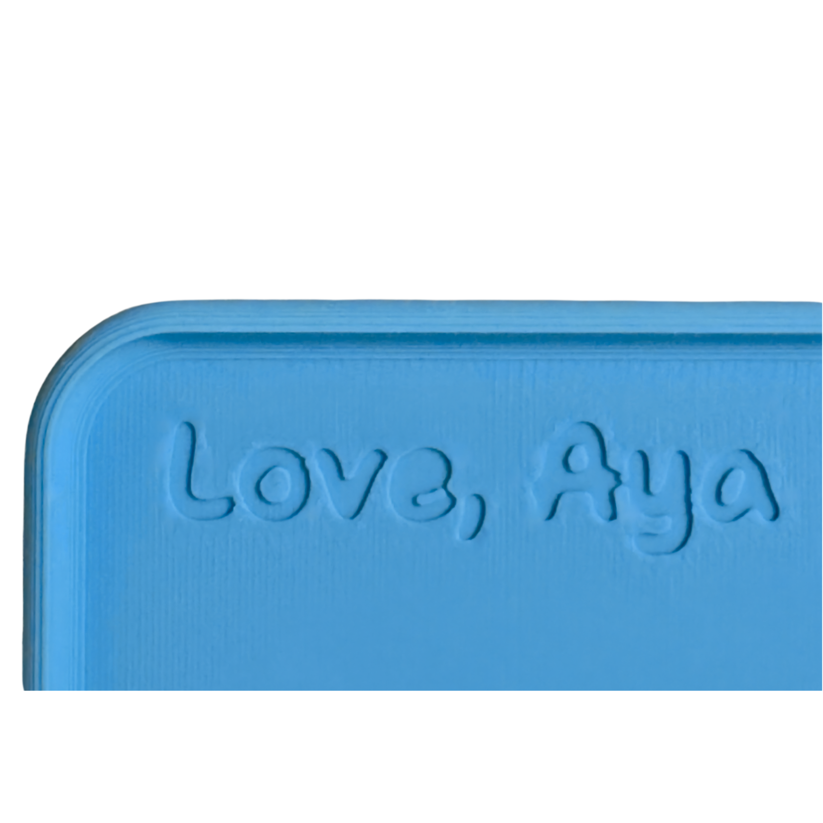 Blue product with 'Love, Aya' text on a white background